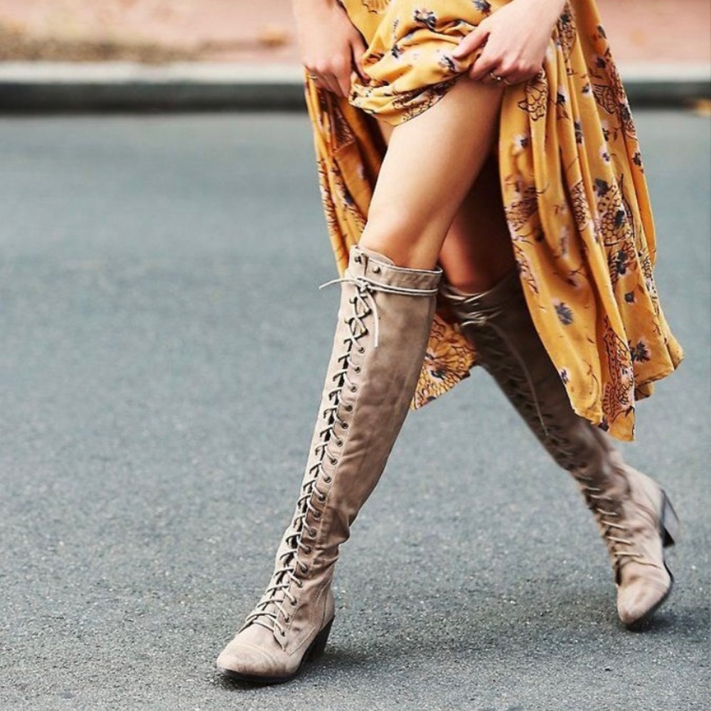 Free People Lace-Up Knee-High Boots in Light Beige - Picture 4 of 5